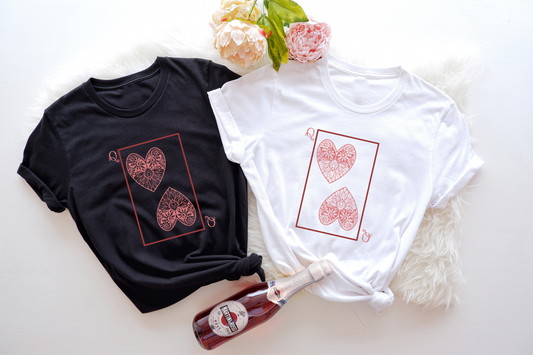 Embrace your queenly spirit and celebrate with this unique Queen of Hearts tee.