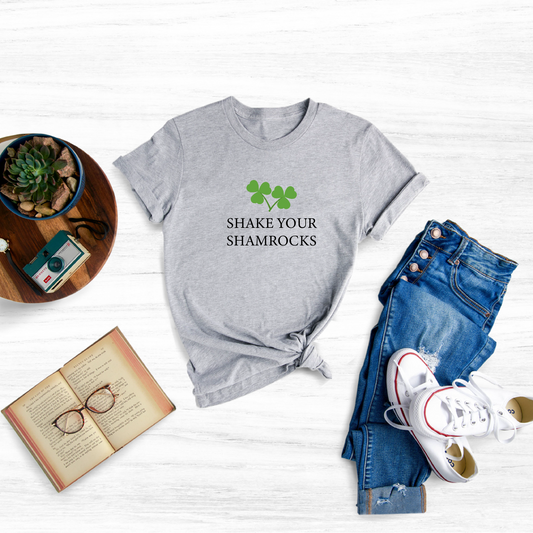 Show off your St. Patrick's Day spirit with this fun "Ladies Shake Your Shamrocks" t-shirt. 