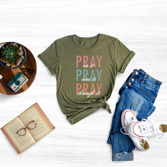 Uplifting "Pray On It, Pray Over It, Pray Through It" design Soft, breathable cotton construction for exceptional comfort Relaxed fit for a casual and stylish look Versatile for everyday wear and expressing your faith