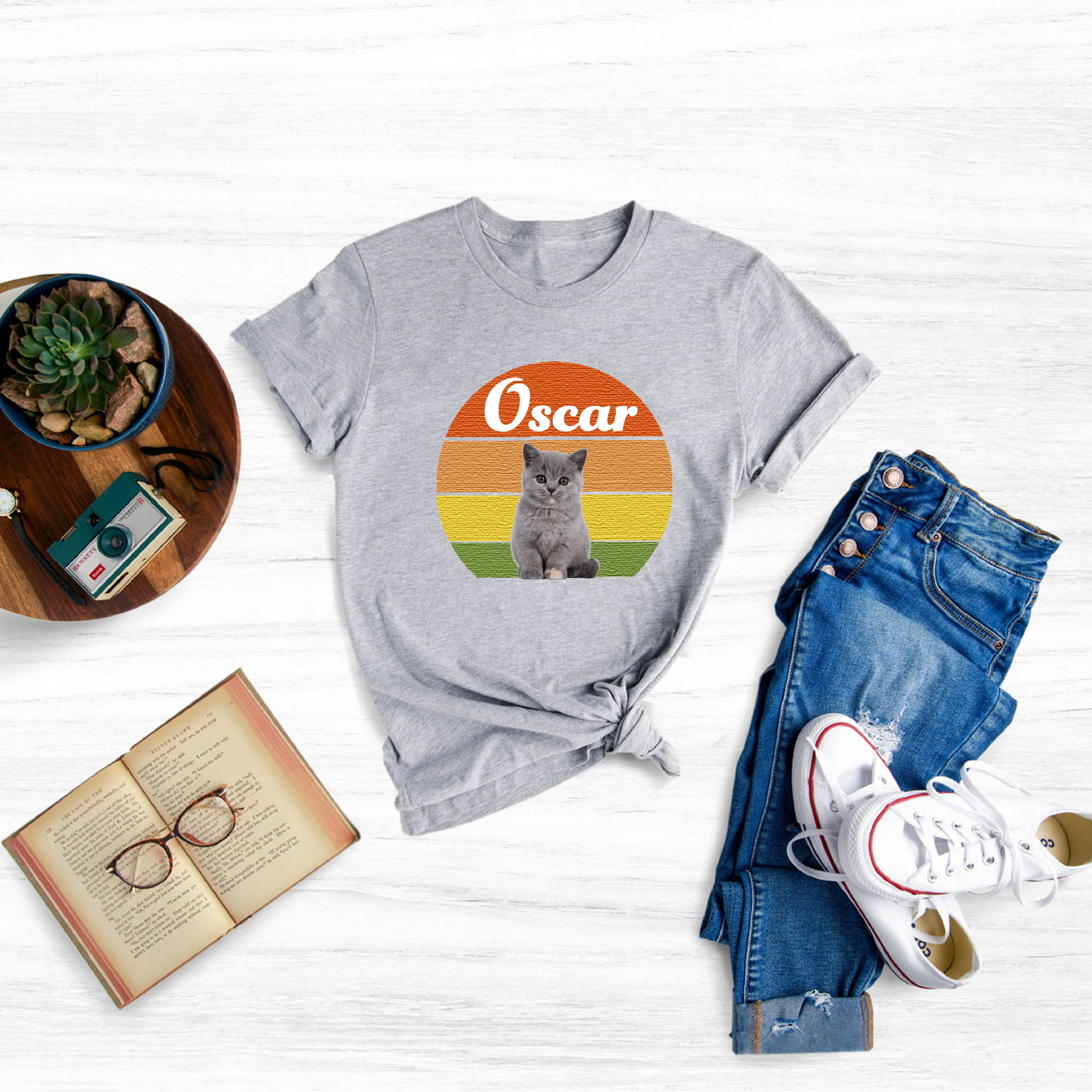 Create a one-of-a-kind vintage cat shirt featuring your cat's name, photo, or special message.
