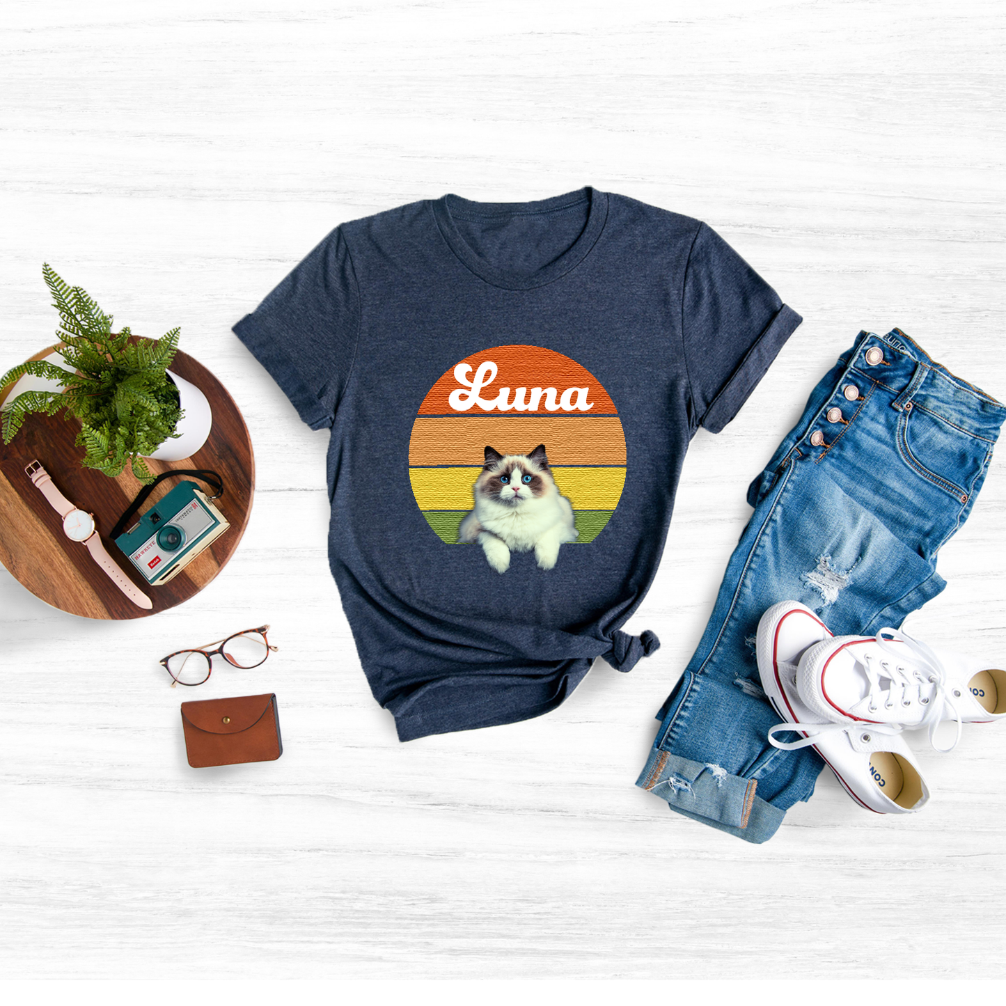Create a one-of-a-kind vintage cat shirt featuring your cat's name, photo, or special message.