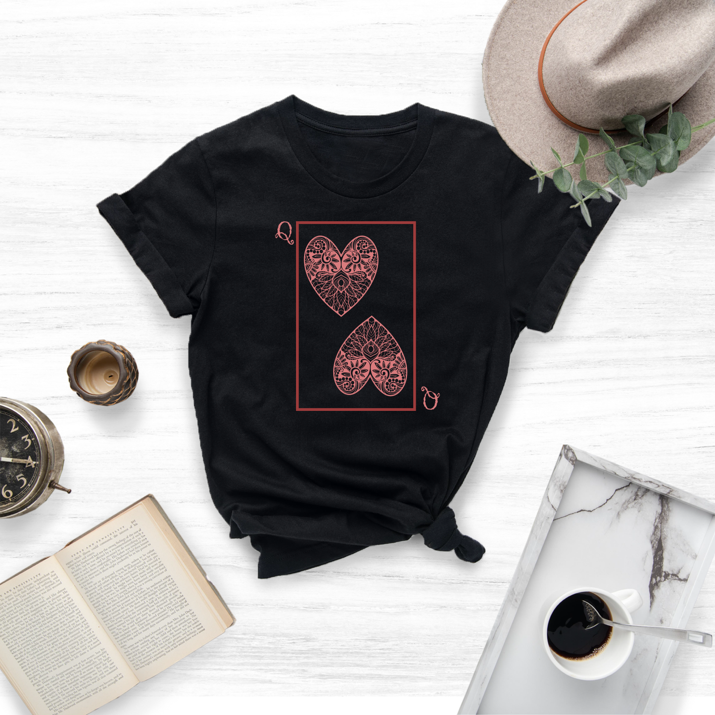 Embrace your queenly spirit and celebrate with this unique Queen of Hearts tee.